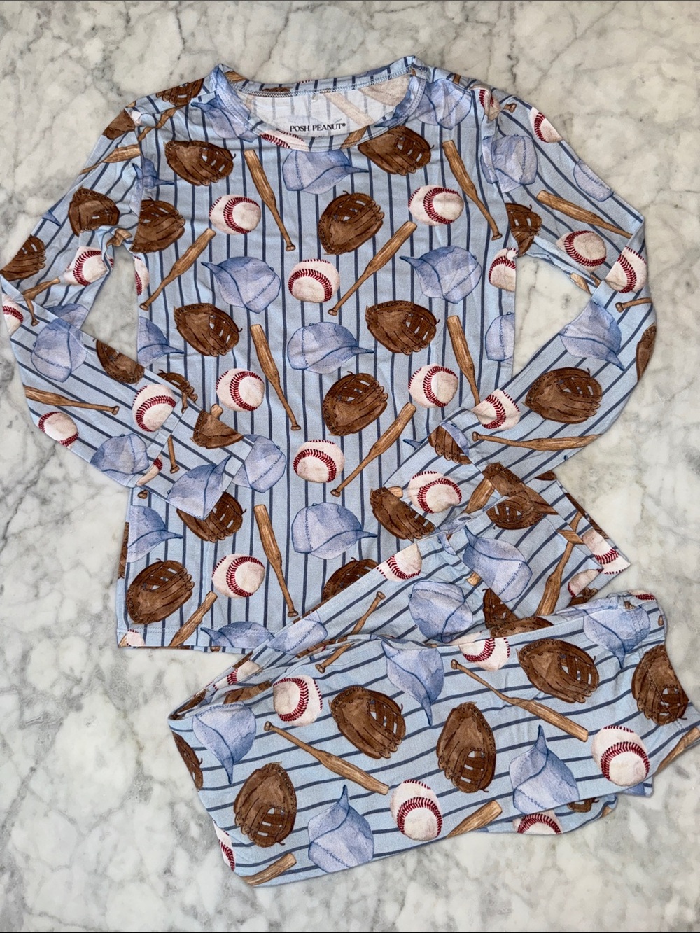 Posh Peanut Blue Baseball Print Pajama Set 7/8Y